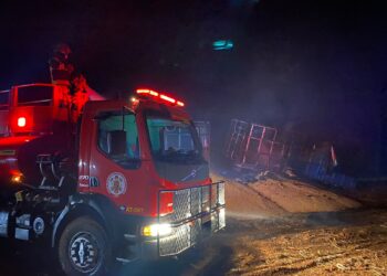 Bombeiros combatem incêndio em caminhão graneleiro que transportava milho