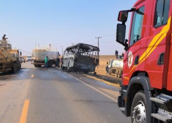 Bombeiros auxiliam equipe de concessionária a extinguir incêndio em ônibus na MT-242