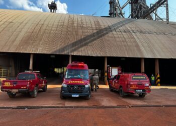 Bombeiros combatem incêndio após explosão em elevadores de grãos de empresa agrícola