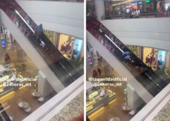 Mulher cai e fica presa em escada rolante; vídeo