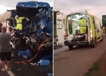 Batida entre carretas deixa três pessoas feridas; vídeo