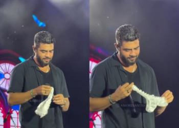 Fã arremessa calcinha em Henrique, dupla de Juliano, e cantor reage: “quem foi?”