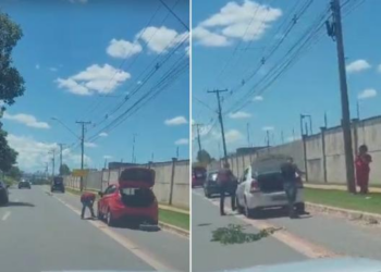Buraco na Av das Torres detona pneus e motoristas ficam parados no acostamento; vídeo