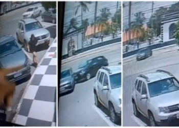 VÍDEO: Mulher esquece freio de mão desengatado, carro atravessa avenida e invade batalhão