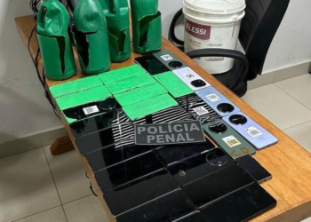 Polícia penal flagra 29 celulares escondidos em frascos de água sanitária