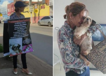 Mulher que pendurou banner no corpo reencontra Shitzu; veja vídeo