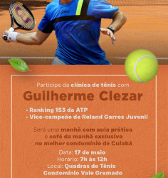 Tenista Guilherme Clezar estreia em Cuiabá com clínica de tênis exclusiva no condomínio Vale Gramado