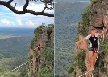 Vídeo mostra jovem praticando slackline entre os paredões de Chapada dos Guimarães