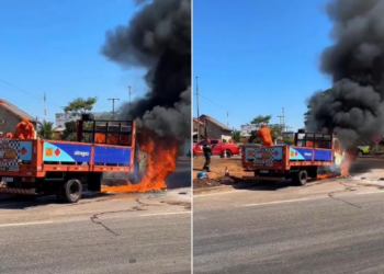 VÍDEO – Caminhão carregado com botijões de gás pega fogo em rodovia