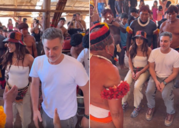 VÍDEO – Anitta e Luciano Huck participam de cerimônia no Xingu