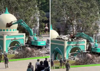 É #FAKE que vídeo mostre demolição de mesquita na China; registro ocorreu em parque temático na Indonésia