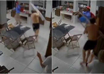 Bandido invade restaurante em Cuiabá e é expulso pelo dono com escada