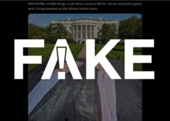 É #FAKE que bandeira gigante de Trump e Epstein foi estendida em frente à Casa Branca; cena ocorreu na Inglaterra