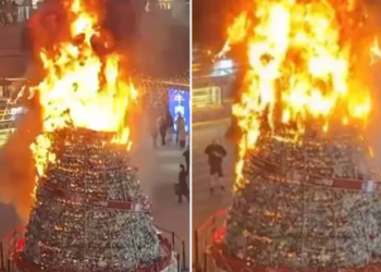 É #FAKE que muçulmanos queimaram árvore de Natal no Reino Unido; cena mostra incêndio acidental na China em 2024