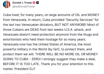 Trump diz que Cuba 'ficou sem petróleo e dinheiro da Venezuela' e renova ameaça: 'Faça um acordo antes que seja tarde'