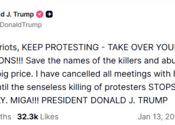 Trump a manifestantes do Irã: ‘Guardem os nomes dos assassinos. Eles vão pagar um preço muito alto’