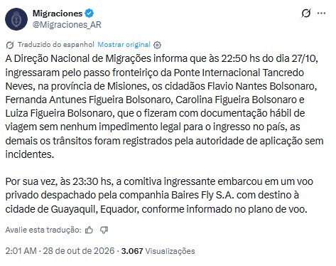 Flávio Bolsonaro e família cruzam fronteira e seguem em voo privado para o Equador, diz Migração argentina